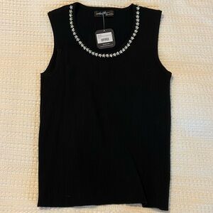 Black ribbed sweater tank top with rhinestone stars along the collar